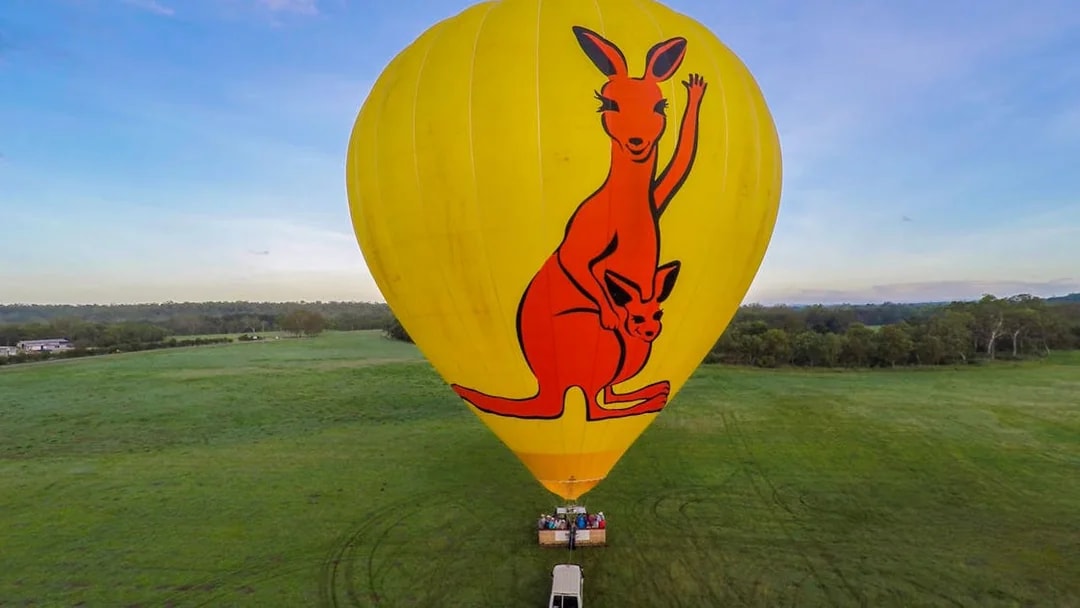 Hot air balloon with kangaroo design preparing for flight in Cairns, Australia.