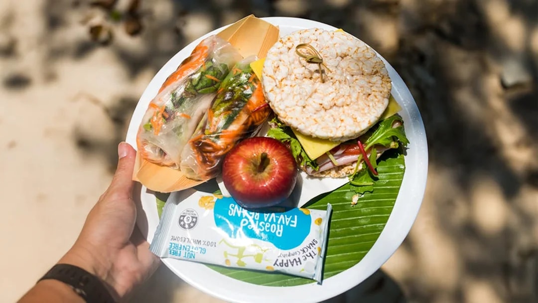 Picnic lunch with rice cakes, apple, and spring rolls at Fitzroy Island beach.
