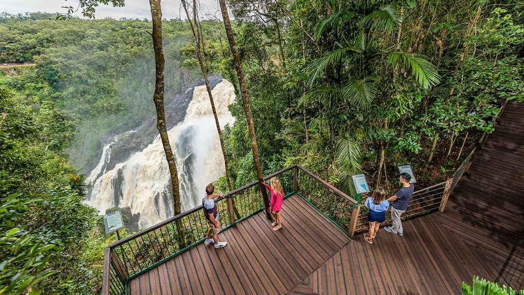 Visitors at a Kuranda lookout point viewing a waterfall amidst lush rainforest.