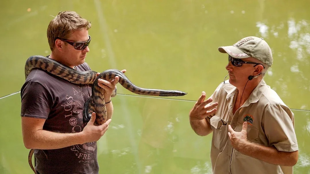 Man holding snake at Hartleys Crocodile Adventures, Queensland.