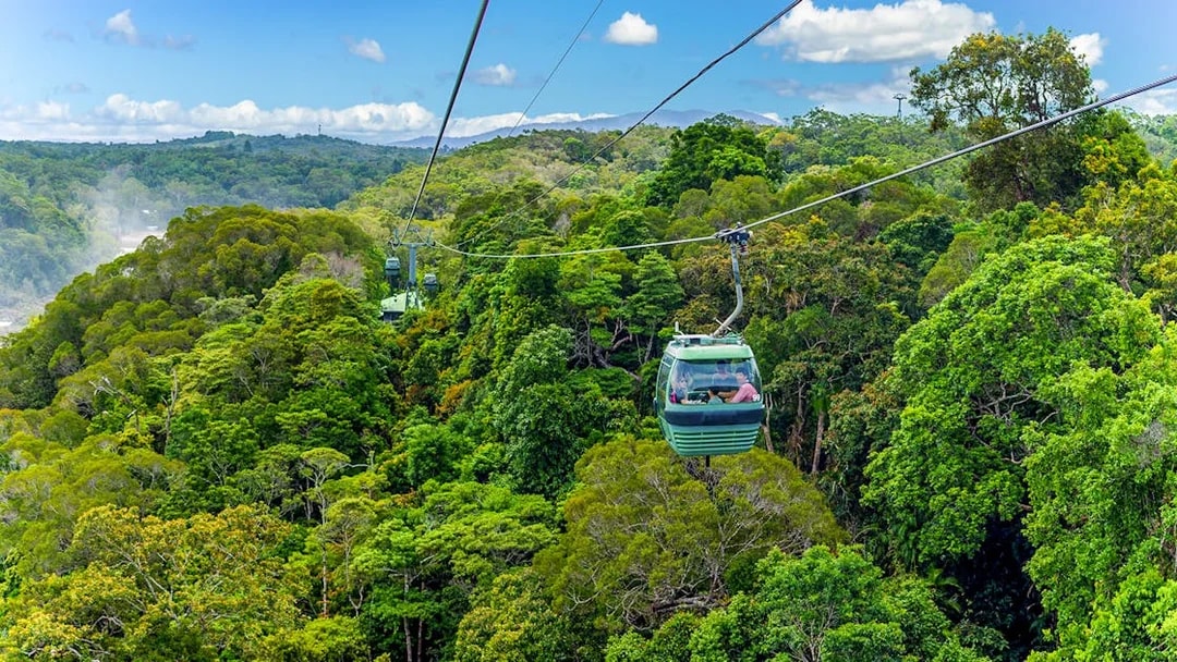 Skyrail gondola over Barron Falls rainforest, Kuranda, Queensland.