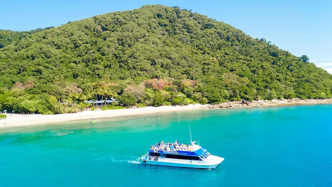 Cruise ship approaching Fitzroy Island beach with lush green hills in the background.