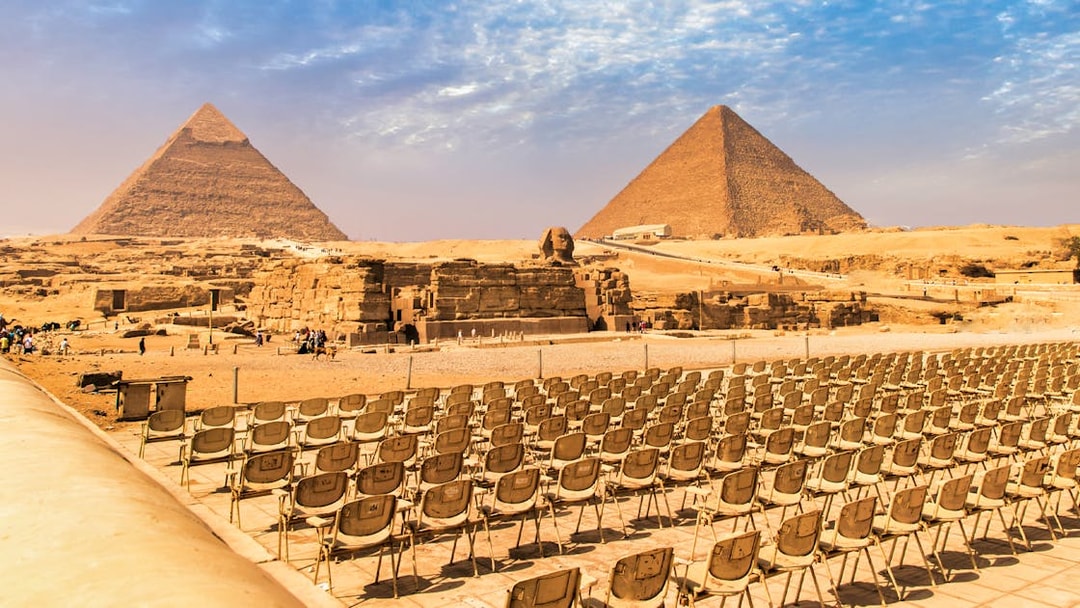 Pyramids of Giza and Sphinx with seating area, Egypt.