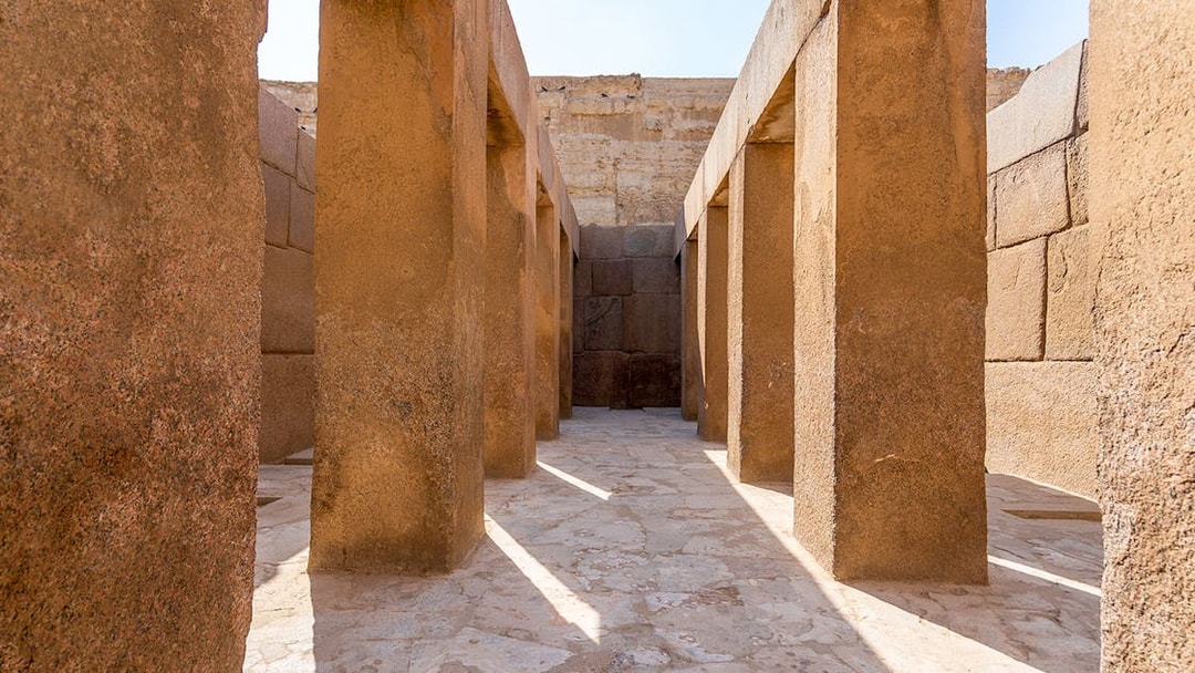Valley Temple of Khafre stone columns and ancient architecture, Giza, Egypt.