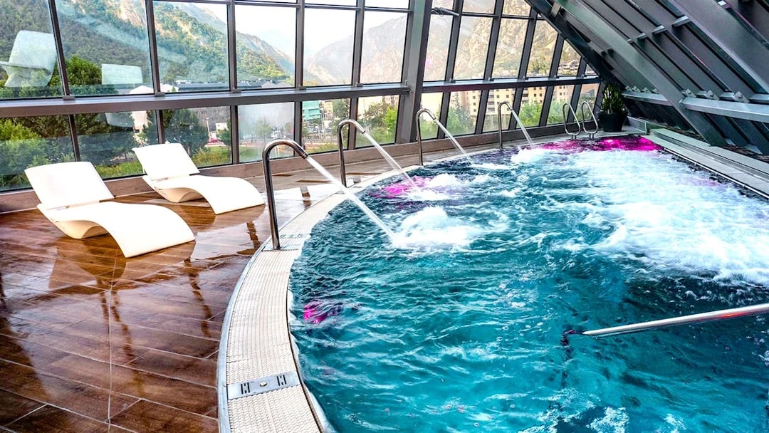 Caldea spa pool with mountain view, Andorra, showcasing Caldea Classic Entry experience.