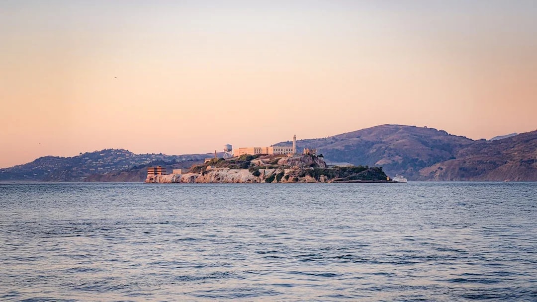 Alcatraz Island at sunset viewed from a California Sunset cruise.