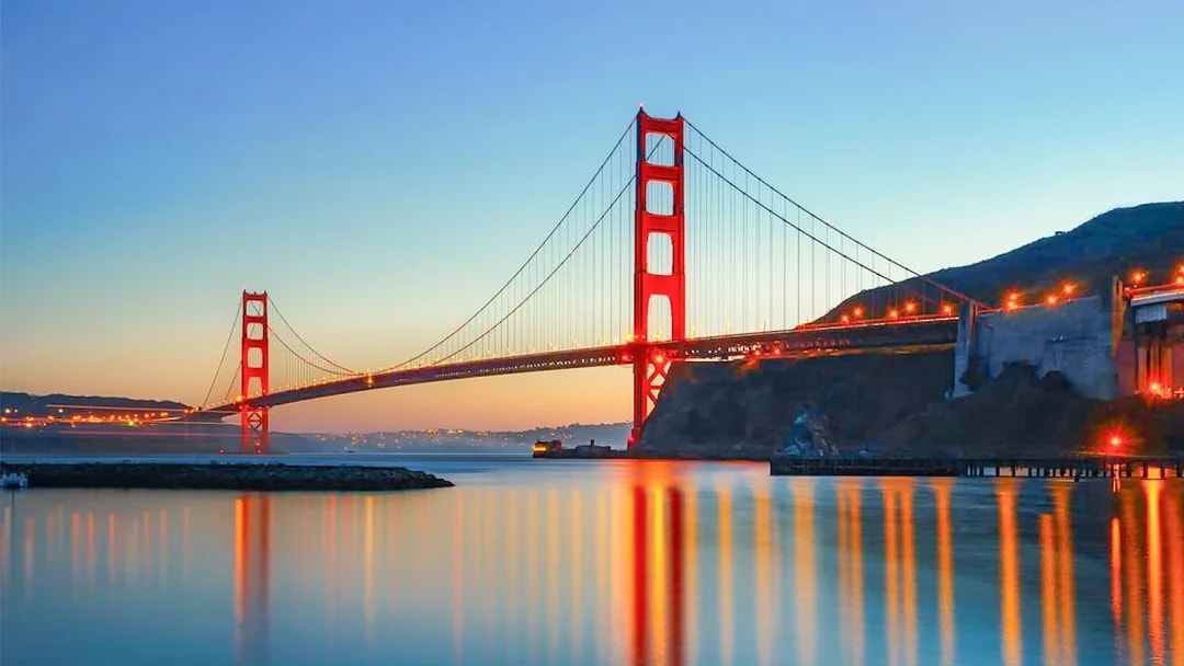 Golden Gate Bridge at sunset from California cruise.