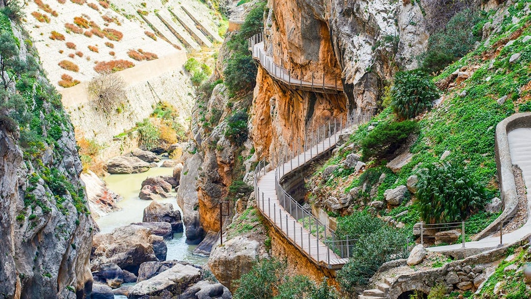 Caminito del Rey walkway along steep cliffs in Málaga, Spain.