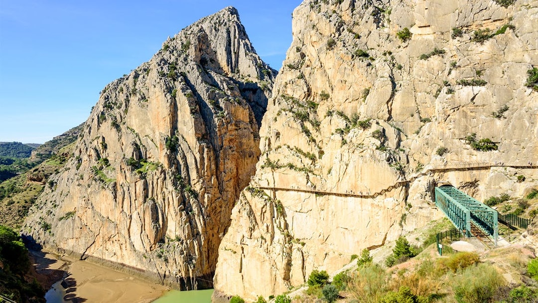 Caminito del Rey Canyon entrance with walkway and bridge in Málaga, Spain.