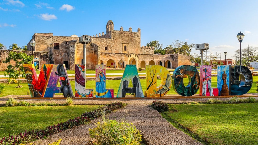 Valladolid sign with colorful artwork in front of San Bernardino Convent, Valladolid, Mexico.