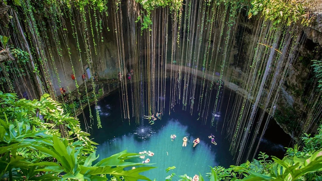 Cenote with swimmers and hanging roots in Yucatan Peninsula, near Chichen Itza, Central America.