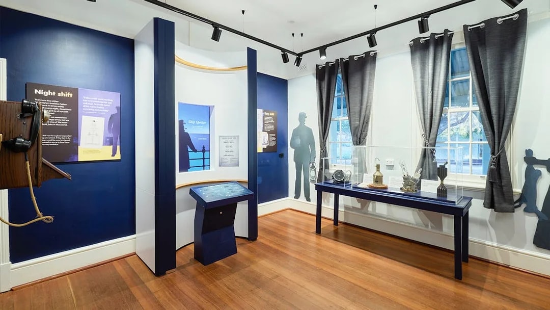 Cape Naturaliste Lighthouse museum interior with historical exhibits and informational displays.