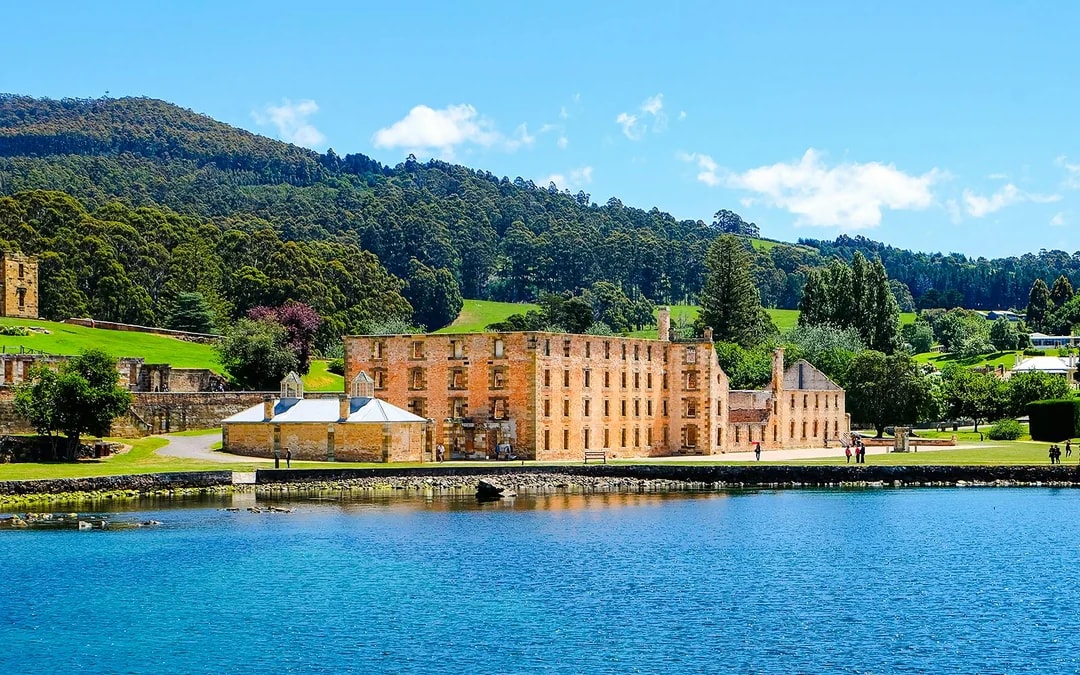 Port Arthur Historical Site with brick ruins by the water, Tasmania.