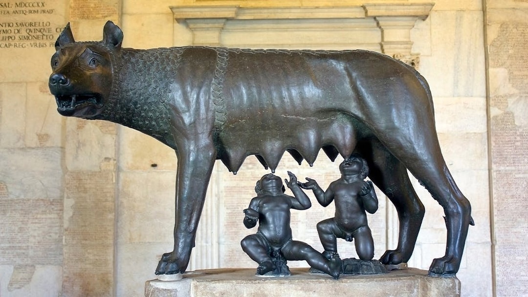 Capitoline Wolf statue with Romulus and Remus at Musei Capitolini, Rome.