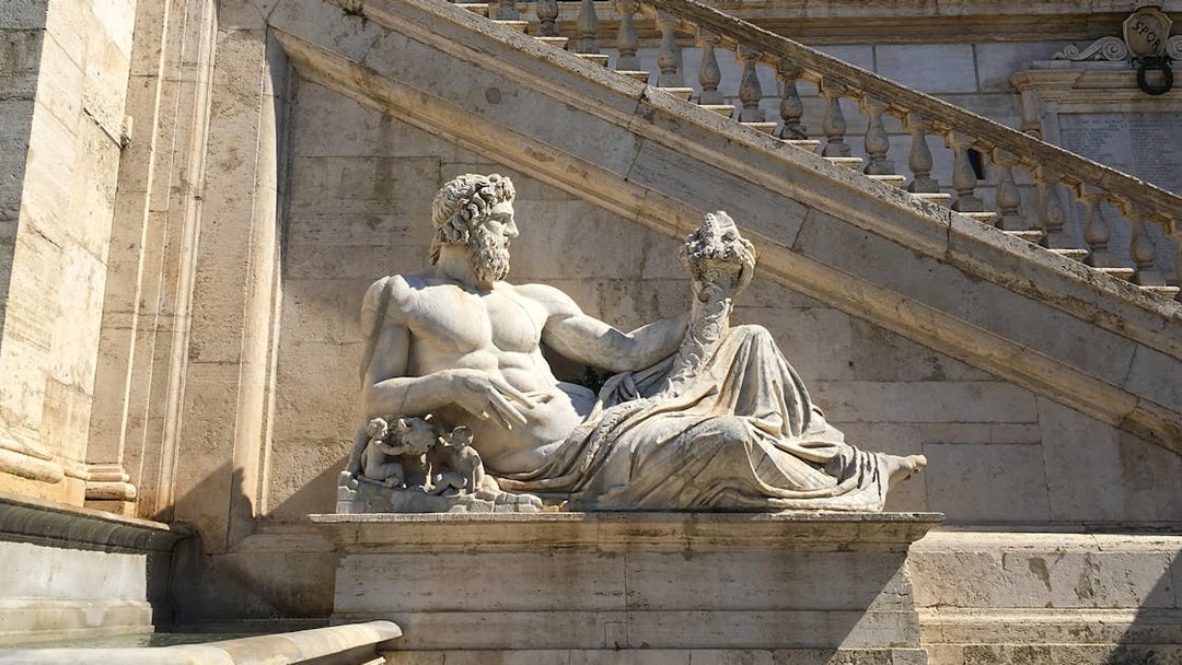 Statue of river god at Musei Capitolini, Rome, near staircase.