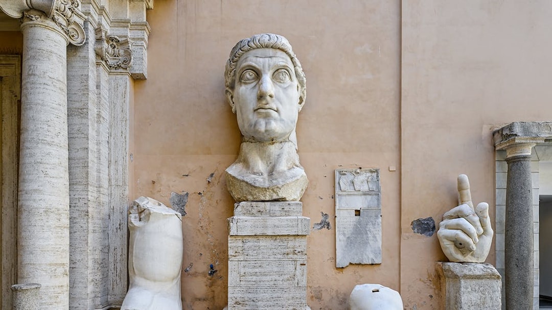 Sculpture fragments of Constantine at Capitoline Museum, Rome, including head and hand.