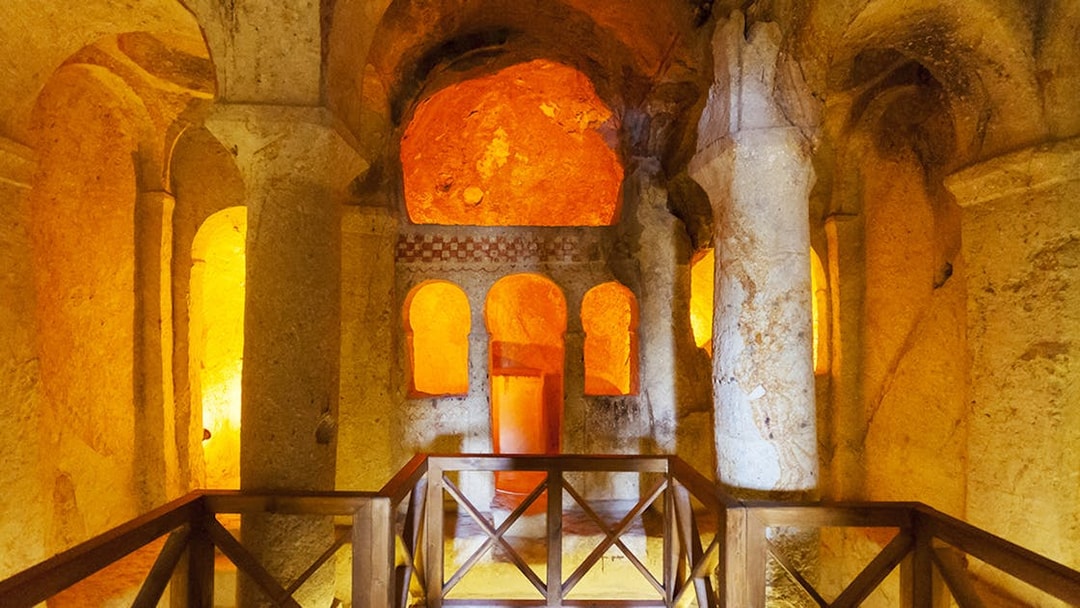 Ancient rock-cut church interior at Göreme Open-Air Museum, Cappadocia.