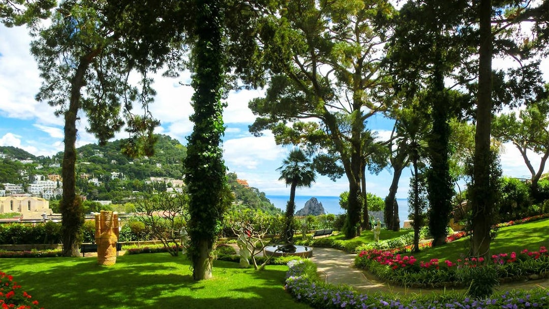 Capri Island garden view with lush greenery and sea in the background.