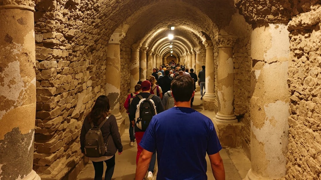 Tour group exploring ancient Roman catacombs with stone columns and arched ceilings.