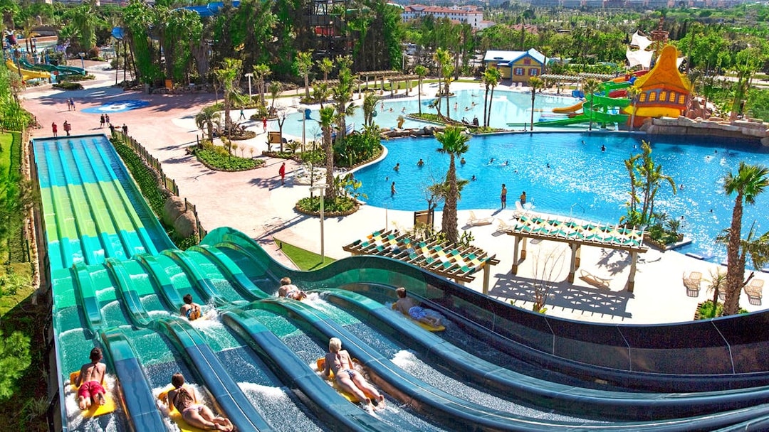Water slides and pools at Costa Caribe Aquatic Park, Spain.