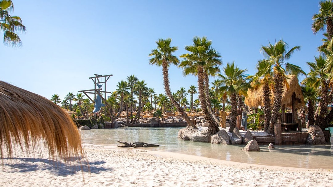 Caribe Bay water park with palm trees, sandy beach, and lagoon.