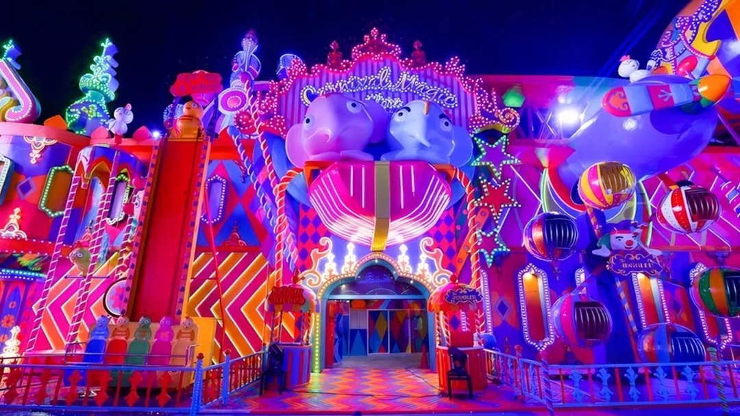 Carnival Magic entrance with vibrant lights and decorations in Phuket.