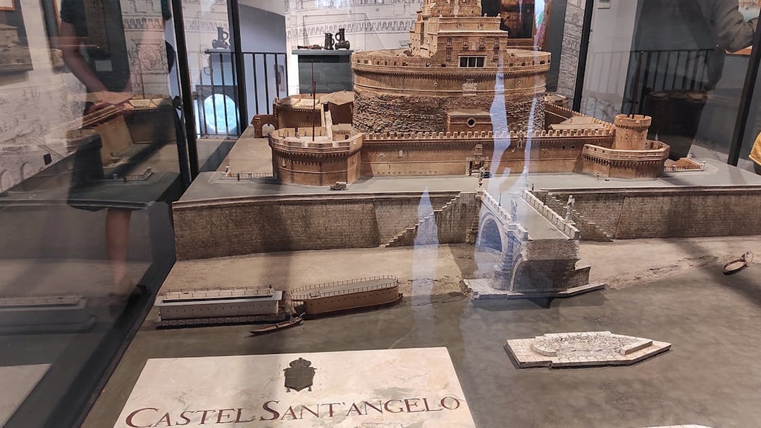 Castel Sant'Angelo miniature model display in museum setting, Rome.