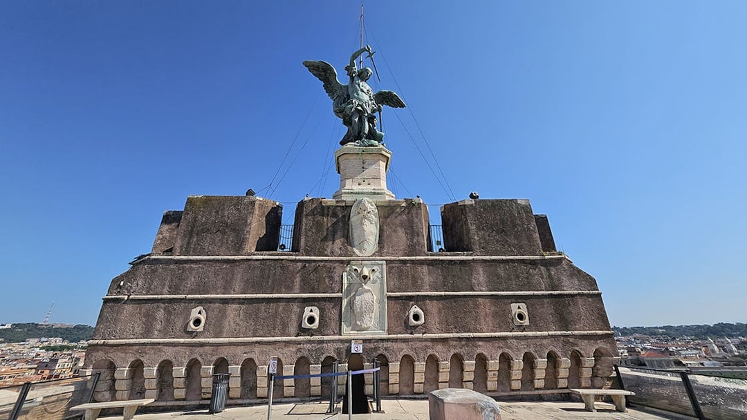 Bronze statue of Archangel Michael atop Castel Sant'Angelo, Rome.