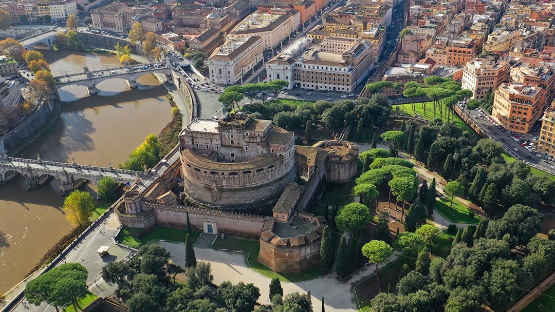 Aerial view of Castel Sant'Angelo and Passetto di Borgo in Rome, Italy.