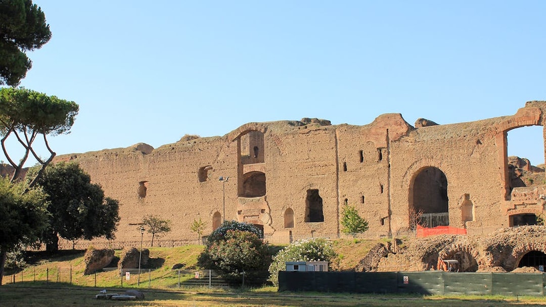 Ruin of the Circus of Maxentius on Appian Way, Rome, Italy, with ancient brick walls.