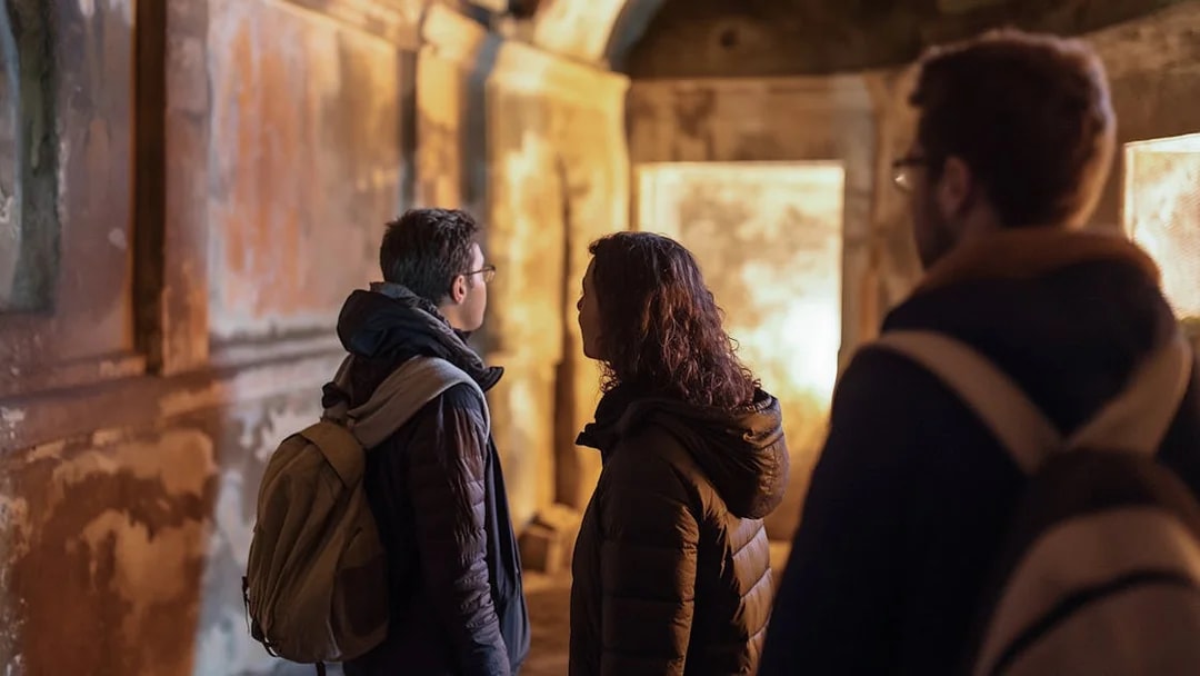 Visitors exploring ancient catacombs in Rome, part of the Jubilee Gold Pass tour.
