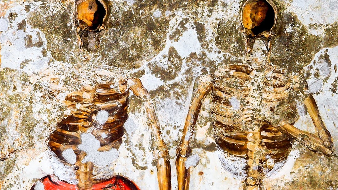 Skeletons embedded in the wall at Catacombs of San Gaudioso, Naples.