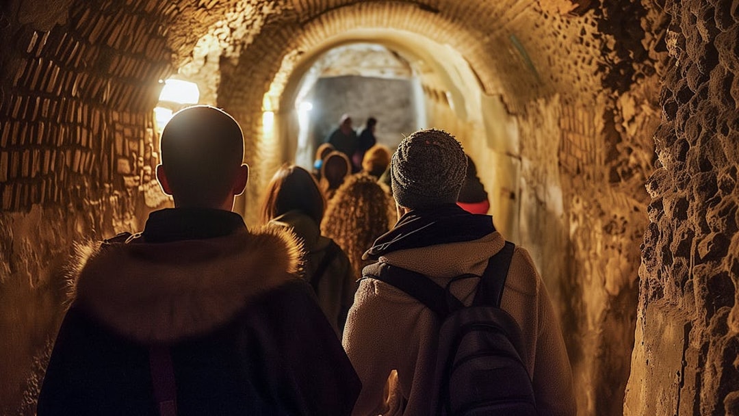 Group exploring ancient underground catacombs on a guided tour.