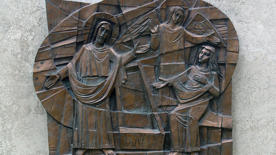 Risen Lord with Mary Magdalene relief, Way of Light, San Callisto Catacombs, Rome.