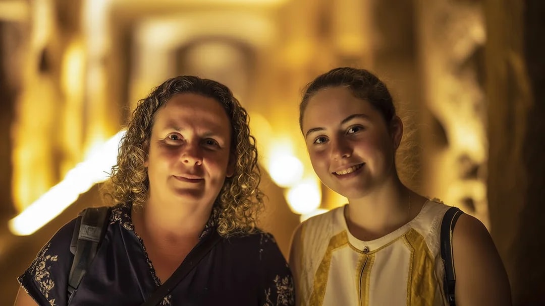 Visitors exploring the illuminated corridors of the Roman Catacombs.