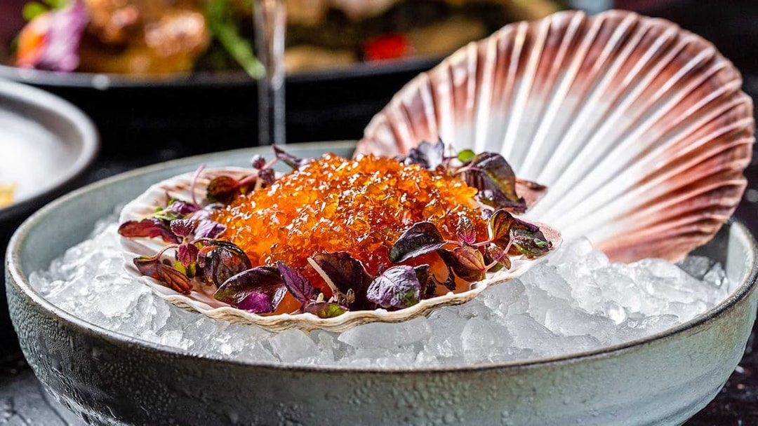Scallop shell with caviar and greens on ice, CÉ LA VI Dubai lunch set menu.