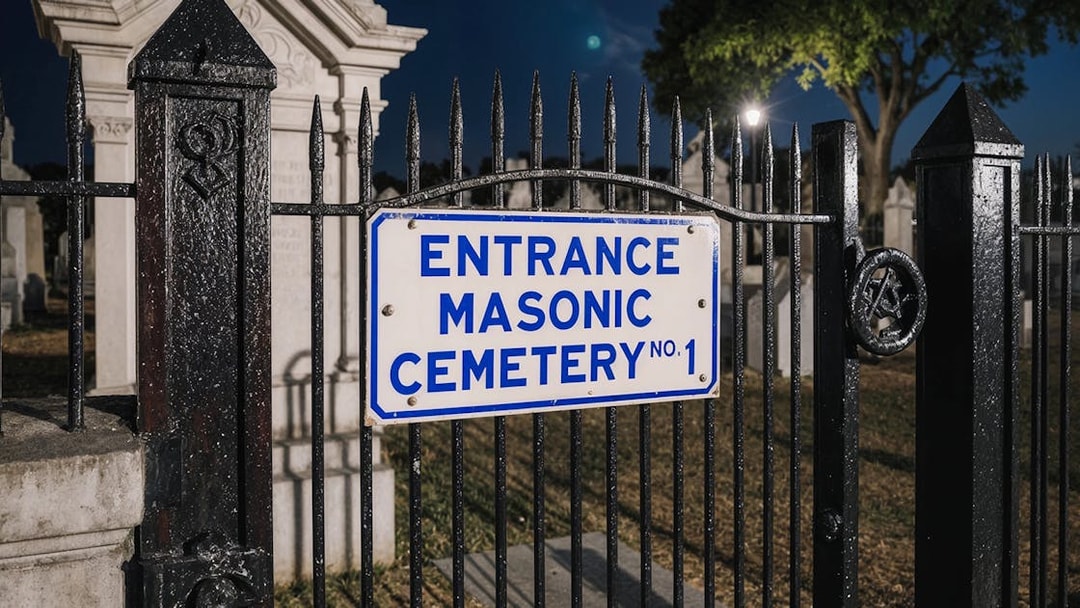 Masonic Cemetery entrance sign at night, Haunted Cemetery Bus Tour.