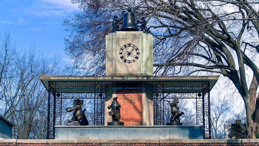 Delacorte Clock at Central Park Zoo entrance with animal sculptures.
