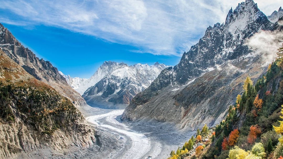 Chamonix Mont Blanc view with Mer de Glace glacier and surrounding mountains.