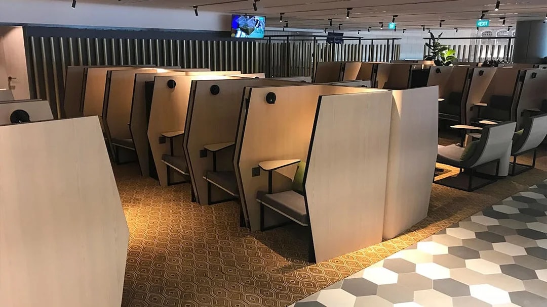 Seating pods at Blossom SATS lounge, Terminal 4, International Departures.