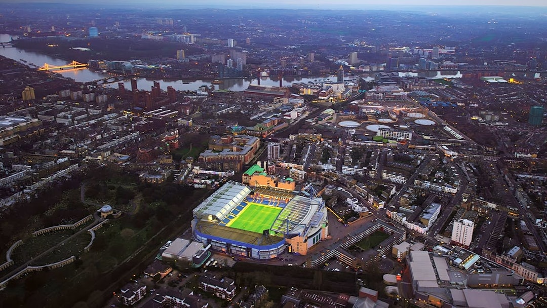 Aerial view of Stamford Bridge, home of Chelsea FC, in London at dusk.