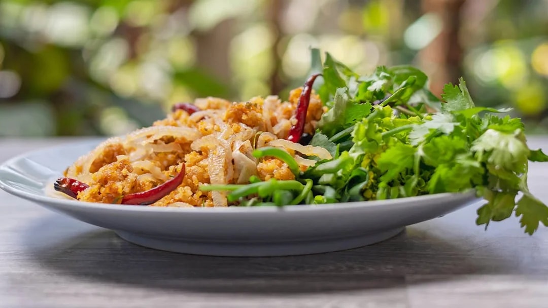 Traditional Thai dish with herbs and spices served at Elephant Jungle Sanctuary, Chiang Mai.