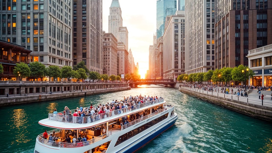Tour boat on Chicago River at sunset, surrounded by tall buildings and orange sky.