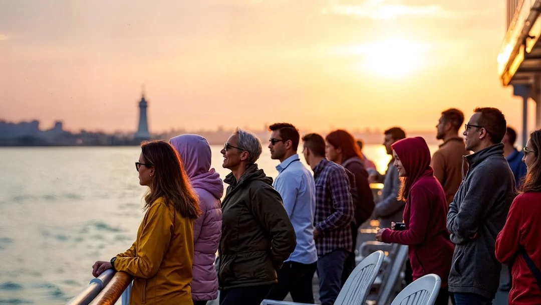 Group on boat deck watching sunset over water with distant lighthouse.