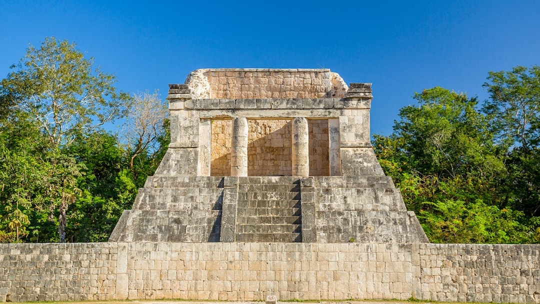 Temple of the Bearded Man with stone columns, Chichen Itza, Yucatan, Mexico.