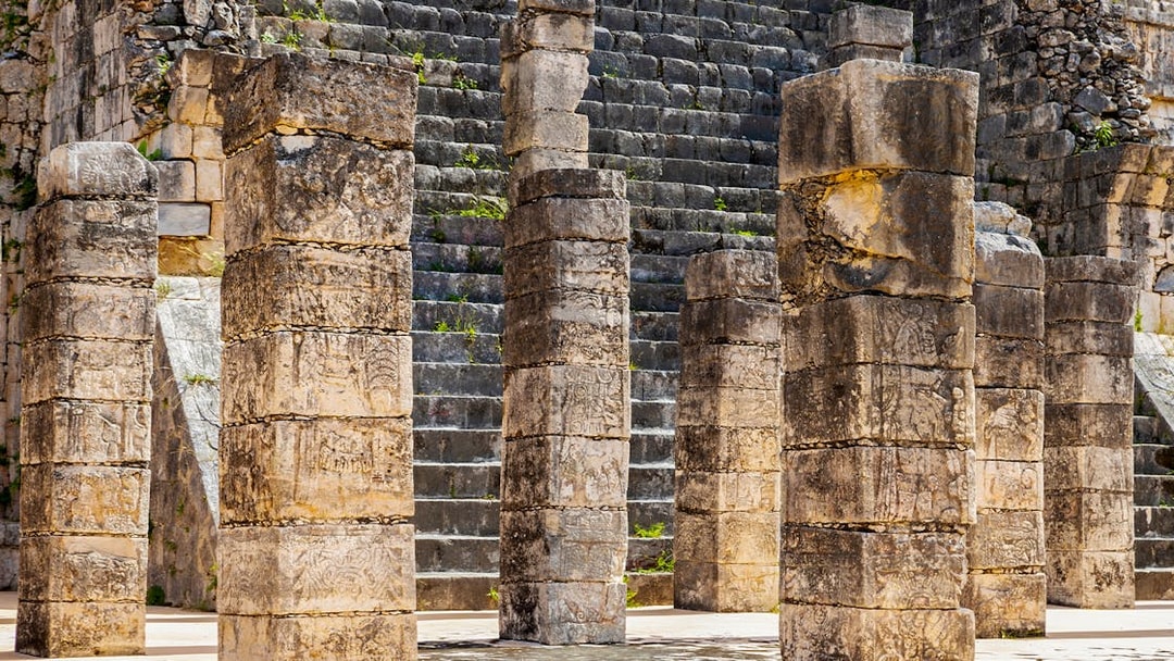 Stone columns at the Temple of Warriors, Chichen Itza, Mexico.