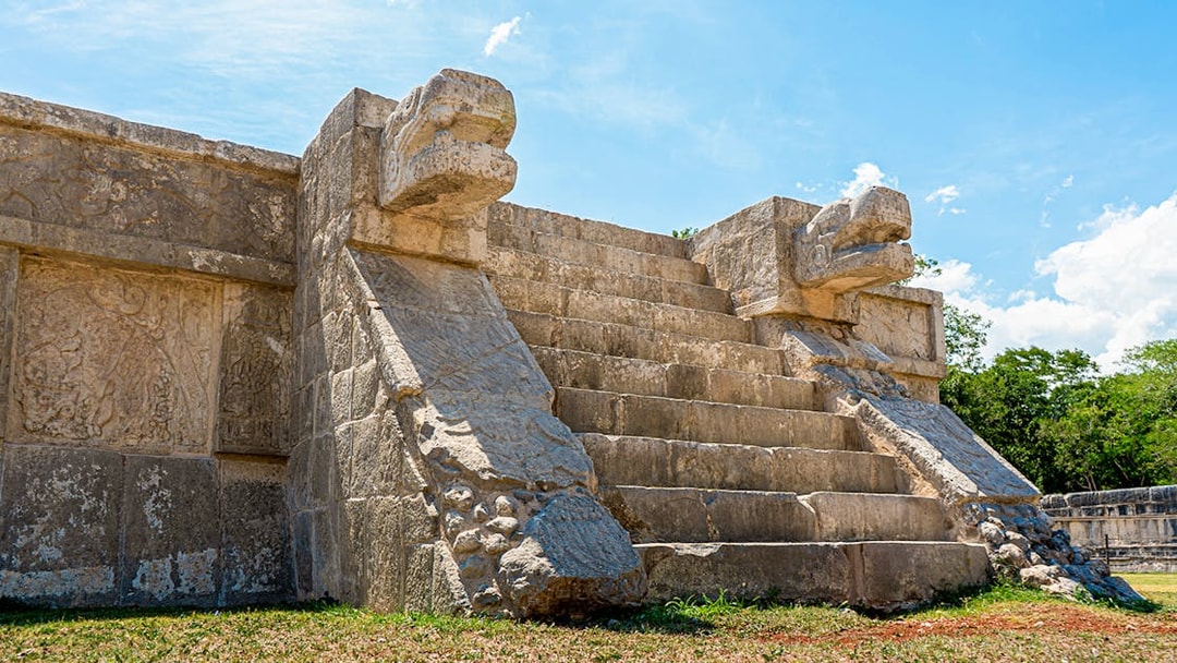 Temple stairs with serpent carvings at Chichen Itza, Mexico.