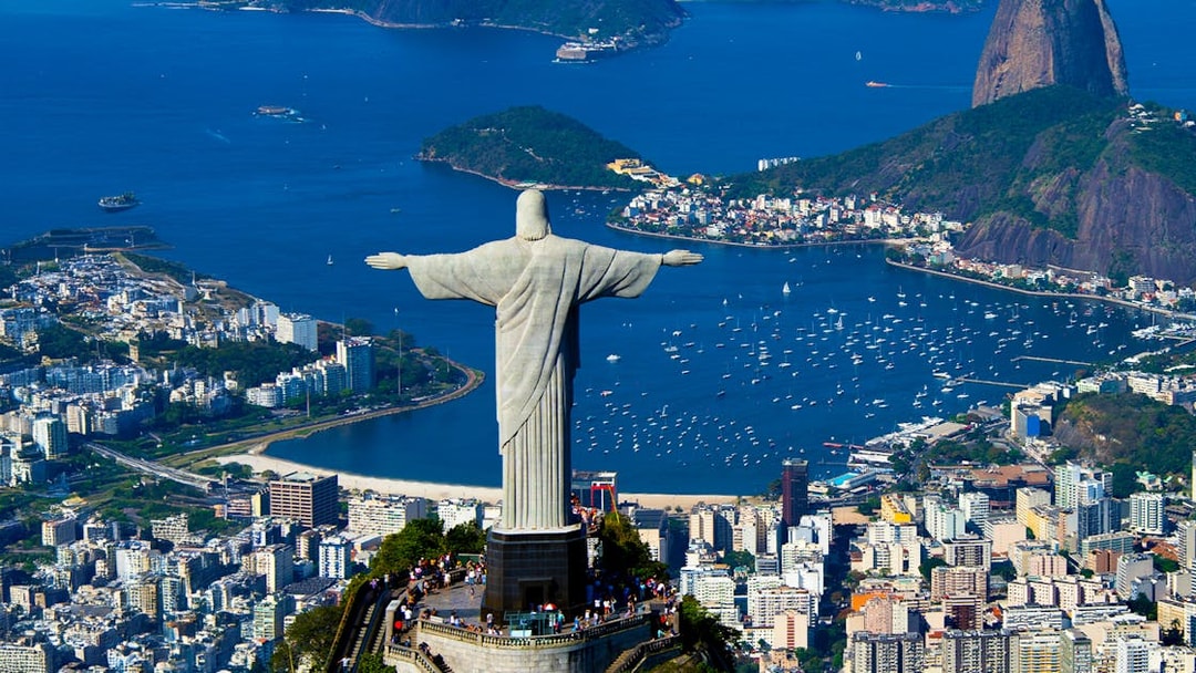 Aerial view of Christ the Redeemer overlooking Rio de Janeiro and Guanabara Bay.