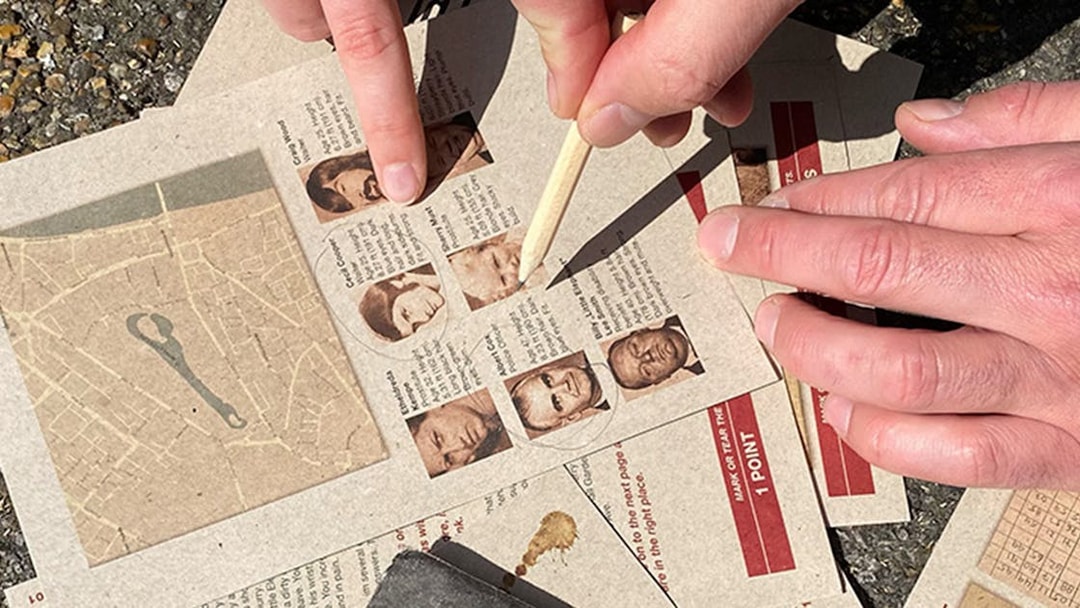Clue-solving during murder mystery at Christiansborg Palace with suspect profiles.