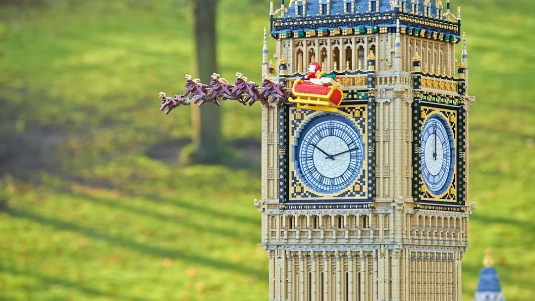 Lego Big Ben with Santa's sleigh and reindeer at Legoland Christmas London.